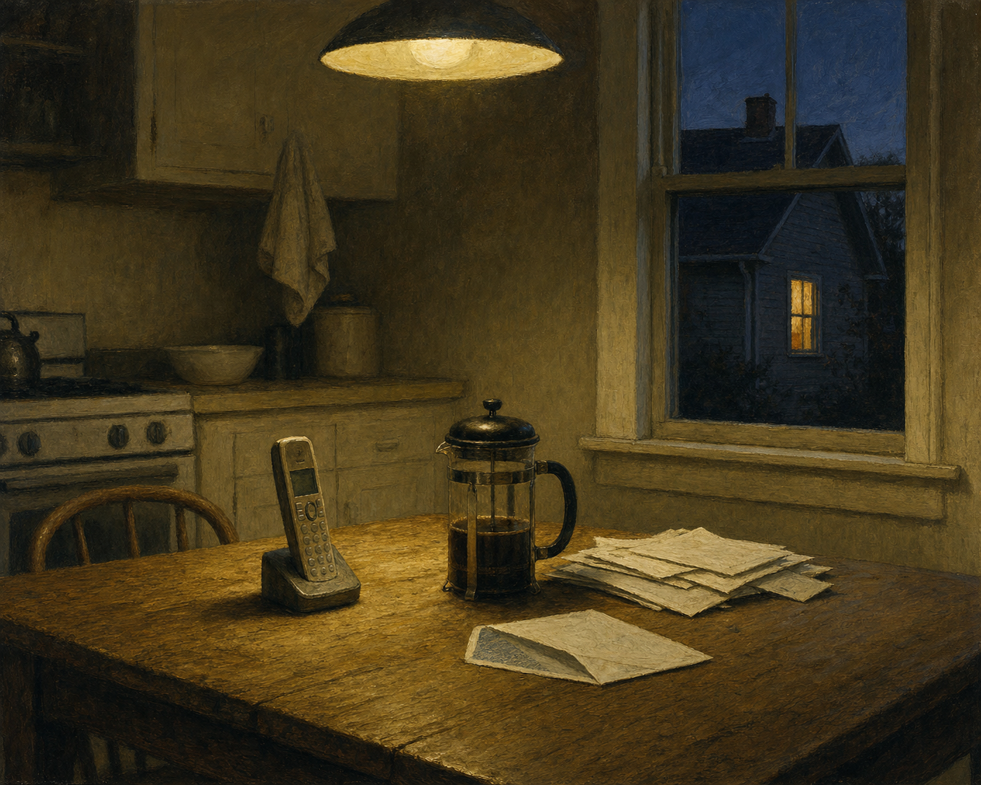 A cordless phone on a kitchen table at evening, mail and a French press behind