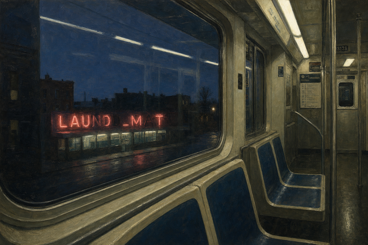 View through an L train window at dusk, a neon laundromat sign with three letters missing