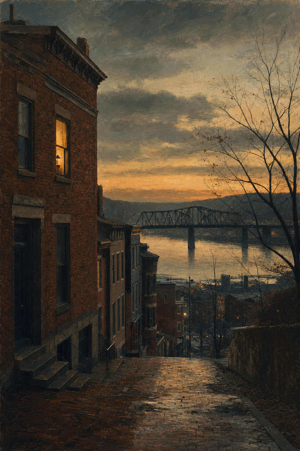 A lit window above a rain-wet brick street descending to the river at autumn dusk